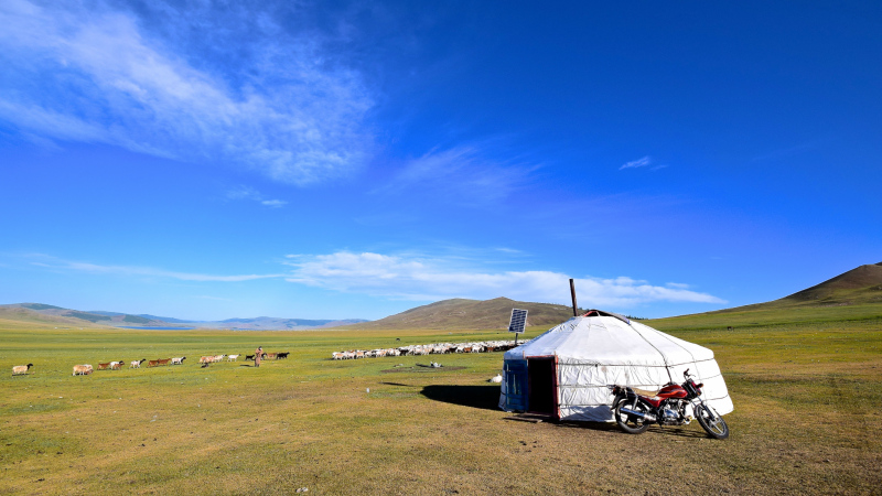 Ger camp with motorbike, Mongolia
