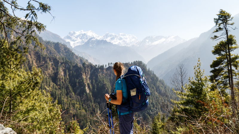 A hiker looking out at Manaslu Peak on the Annapurna Circuit