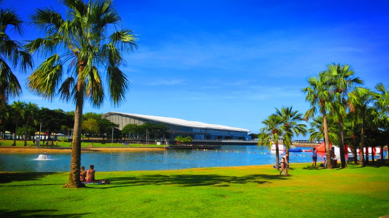 People relaxing in the sun at the Darwin waterfront