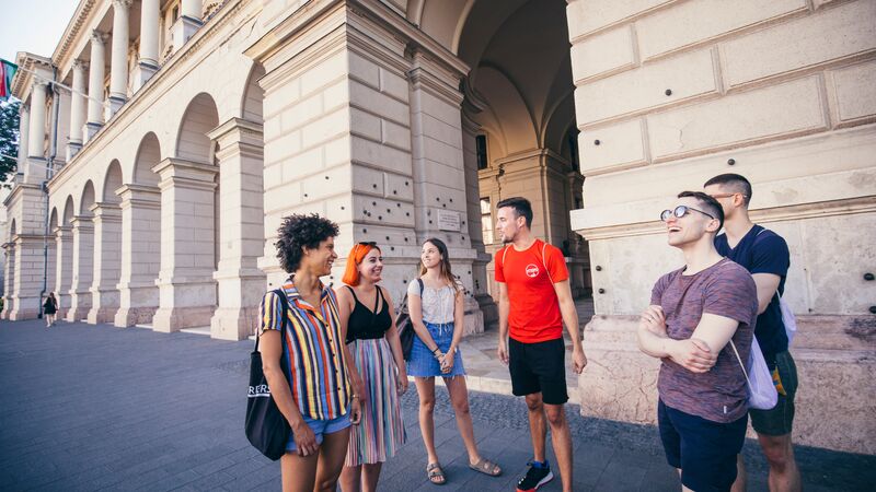 A group of young travellers with their leader in Budapest