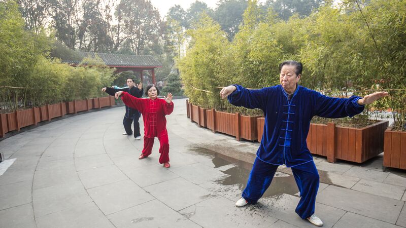 A small group of people doing Tai Chi in China.