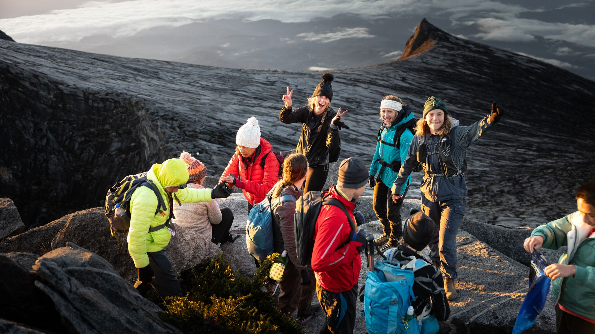 A group of Intrepid hikers near the summit of Mt Kinabalu