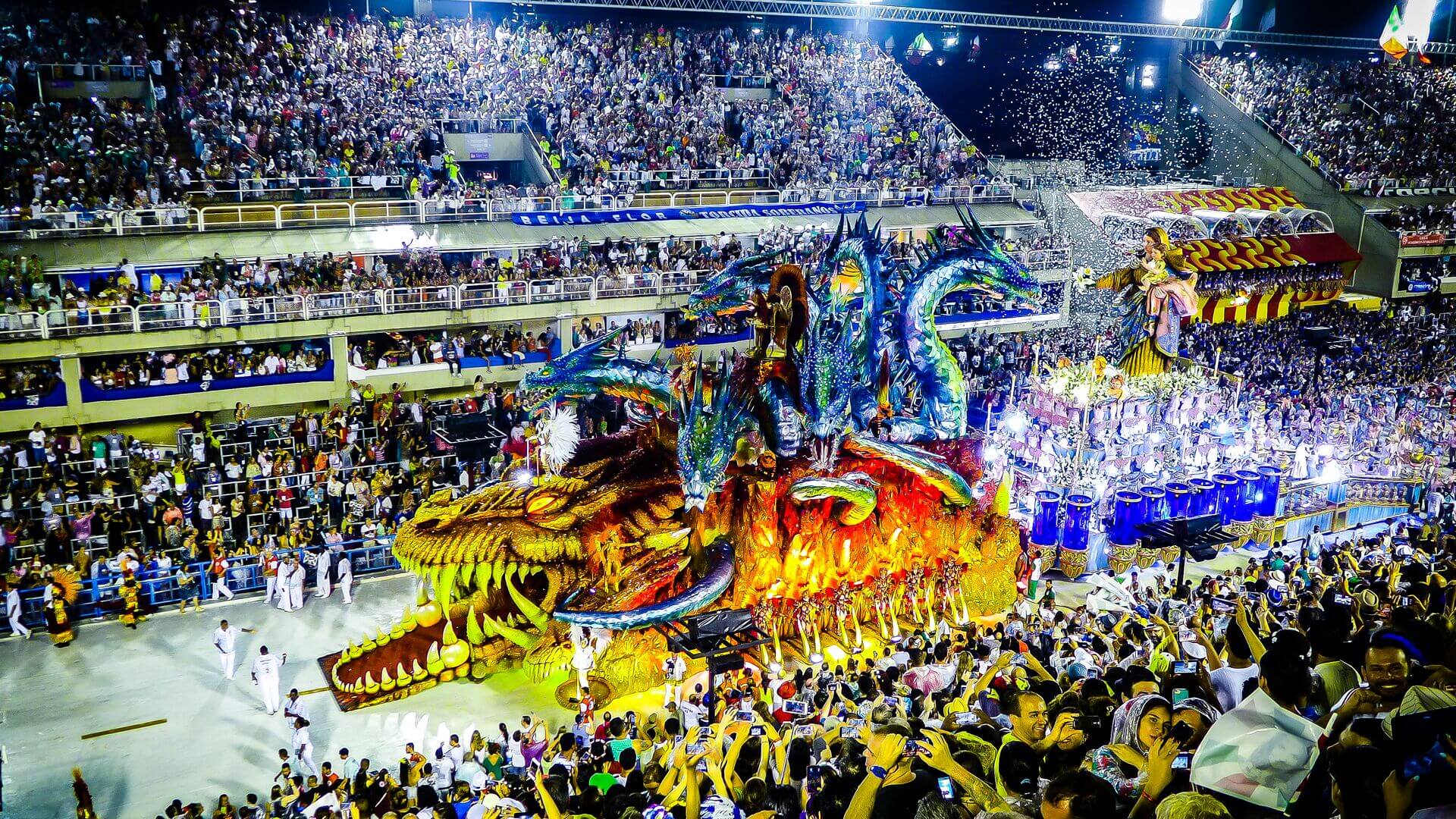 A bright red and blue dragon float during Carnival celebrations, Brazil