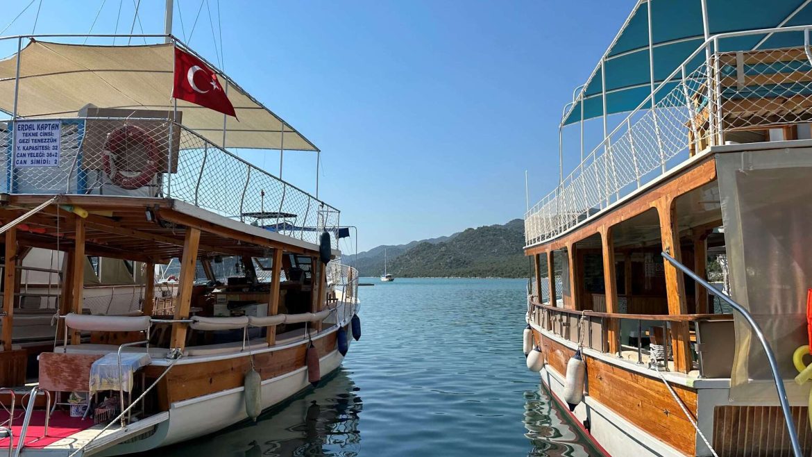 Boats flying the Turkish Flag at Kekova, Turkey