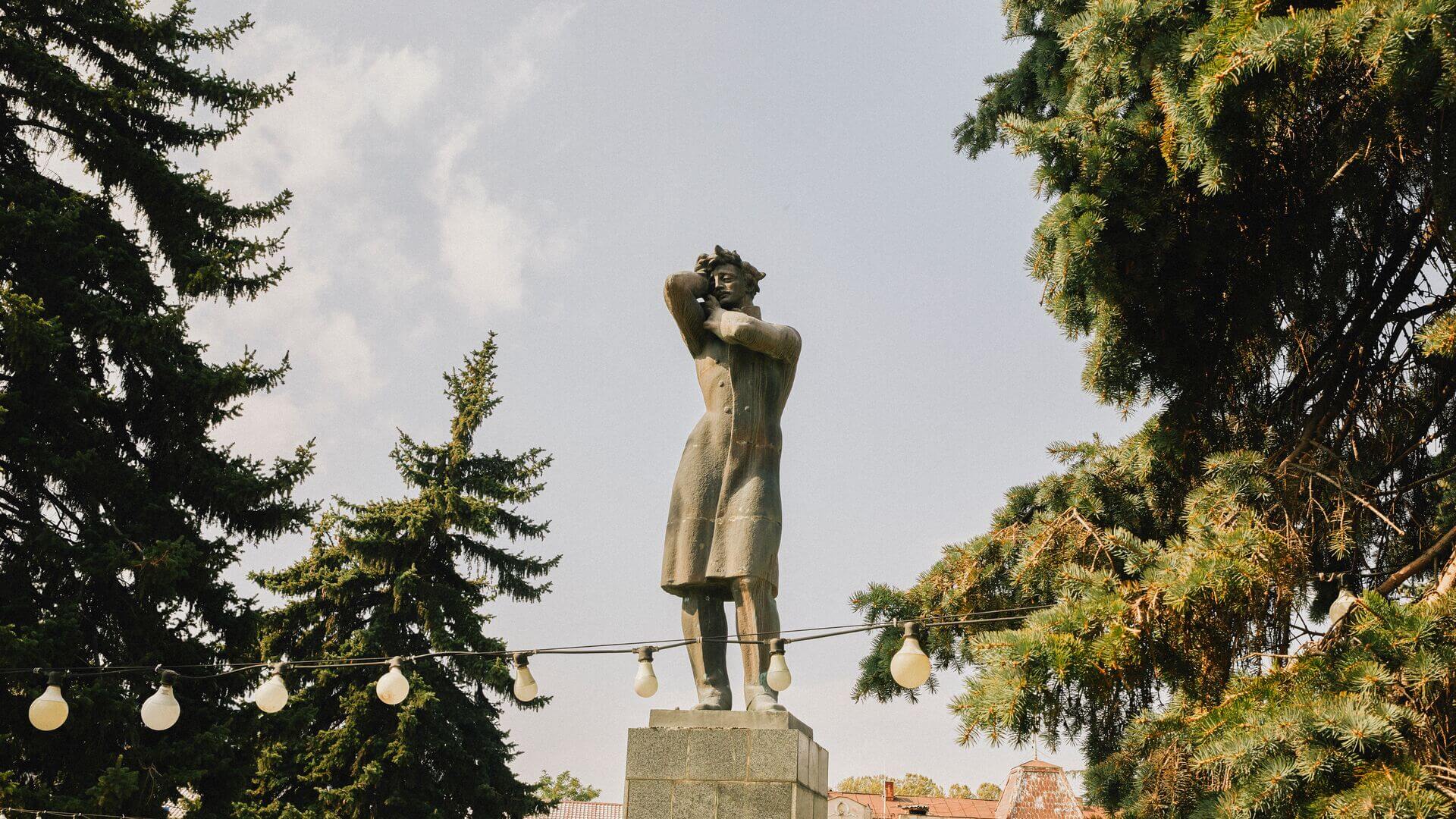 Statue of man surrounded by trees in Gori, Georgia