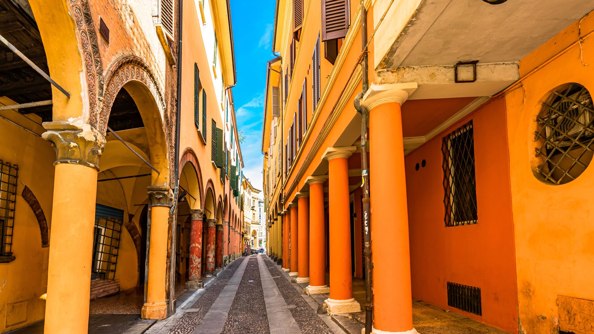 Colourful porticoes in Bologna, Italy