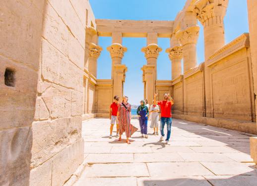 Customers and tourists walking through the ancient Egypt themed