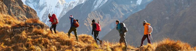 Group of travellers hiking in the annapurna regions of nepal