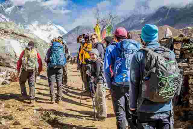 A group of hikers ready to start the trek to Everest Base Camp in Nepal 