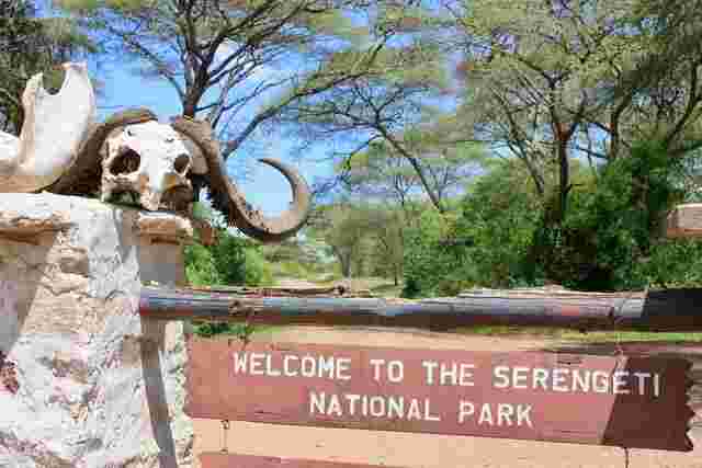 A welcome sign one of the entrances of Serengeti National Park is adorned with an animal skull