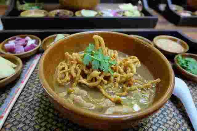 A colorful bowl of khao soi in Chiang Mai